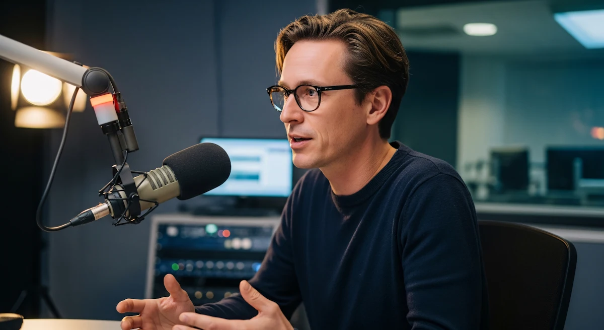 Man wearing glasses speaking into a microphone in a recording studio.