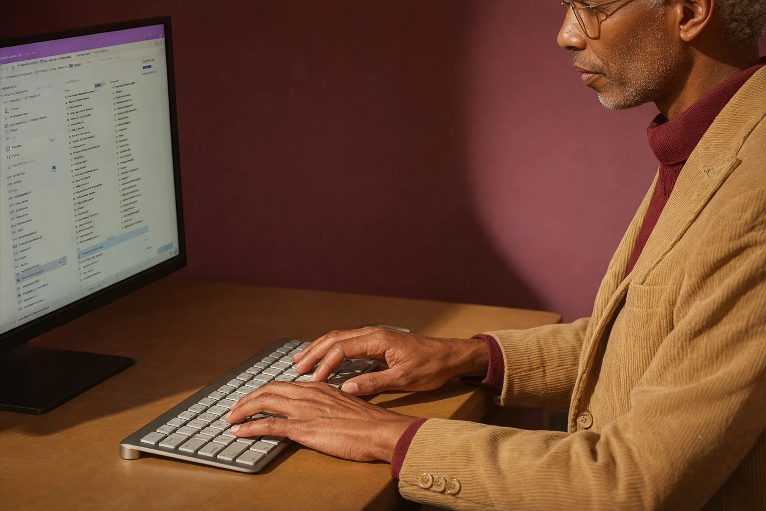Person in a beige corduroy jacket typing on a wireless keyboard with a computer screen displaying a file explorer in the background.